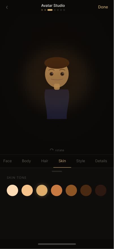 Creative tools — Avatar Studio skin-tone picker — a real creative tool screen