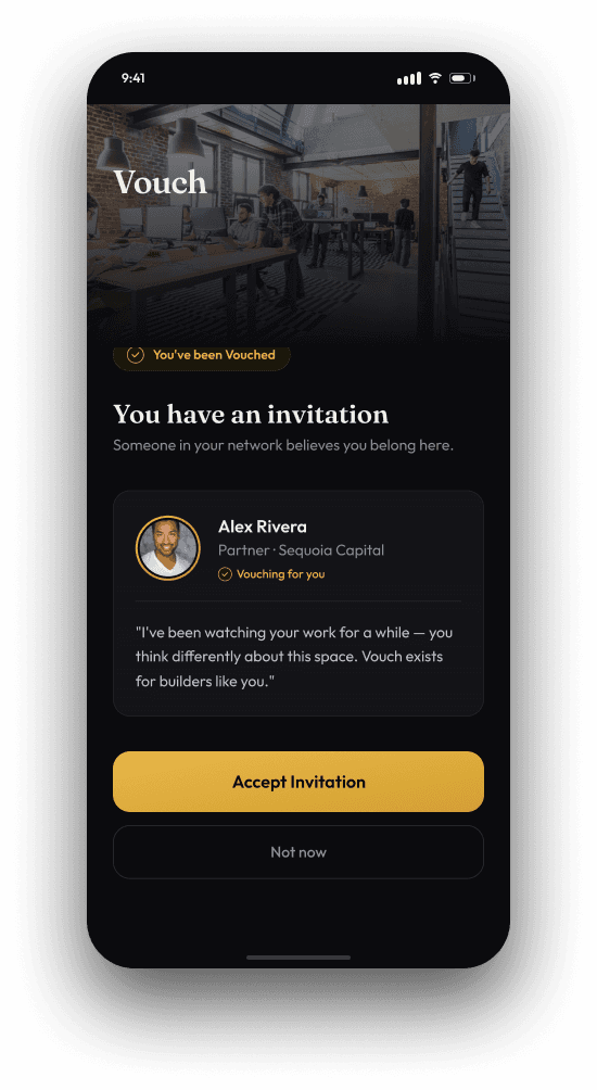 Social apps — Vouch invitation screen — a real social app screen