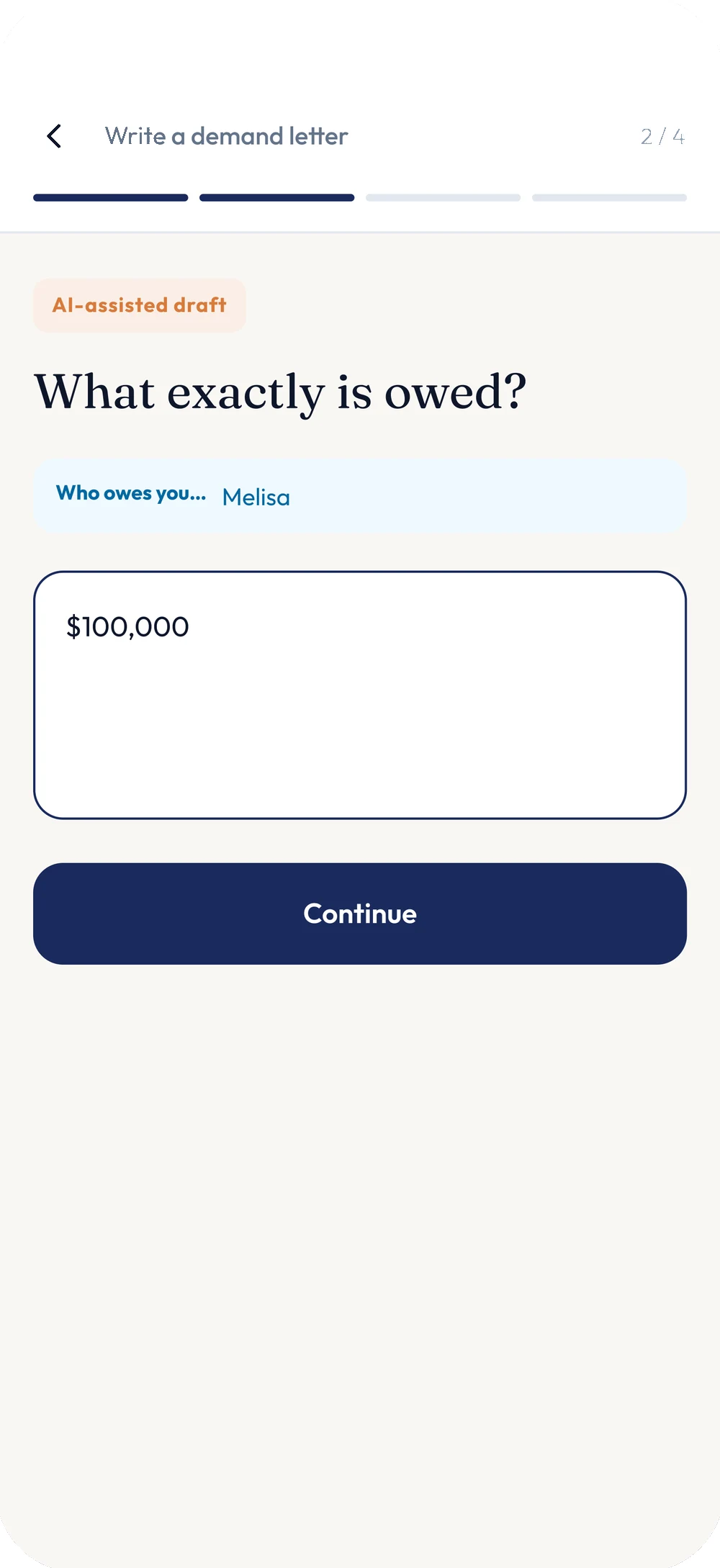 Legally demand letter wizard, step two of four. The prior answer, "Melisa," is recapped as a chip above a new question asking what exactly is owed.