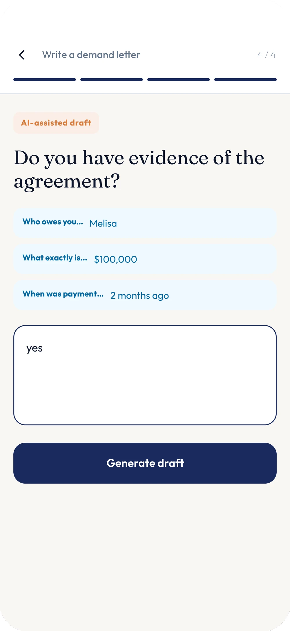 Legally demand letter wizard, step four of four. All three prior answers are recapped above a question asking whether the user has evidence of the agreement, with a Generate draft button.