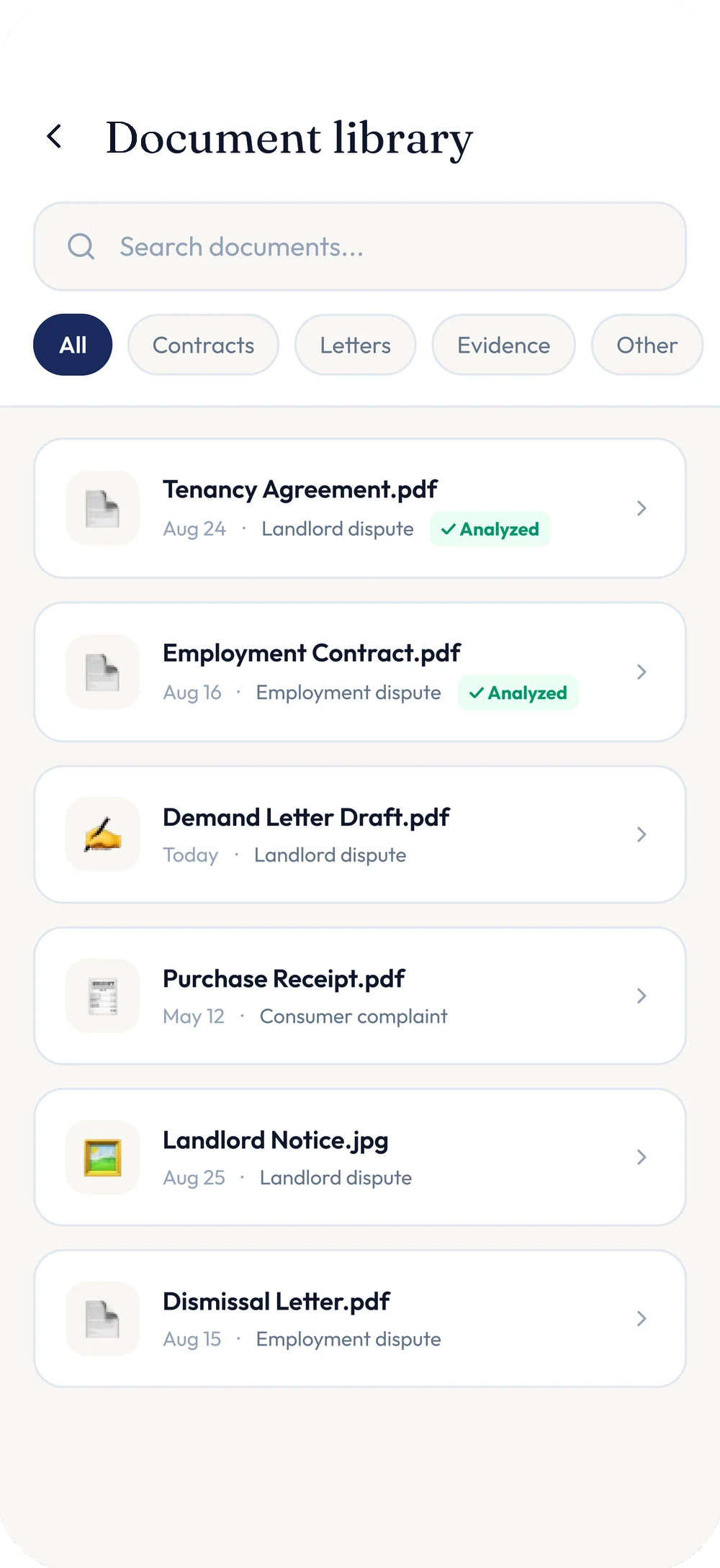 Legally document library screen. A search field and Contracts, Letters, Evidence and Other filters sit above a list of documents including Tenancy Agreement, Employment Contract and Demand Letter Draft, each tagged with its matter and, where processed, an Analyzed badge.