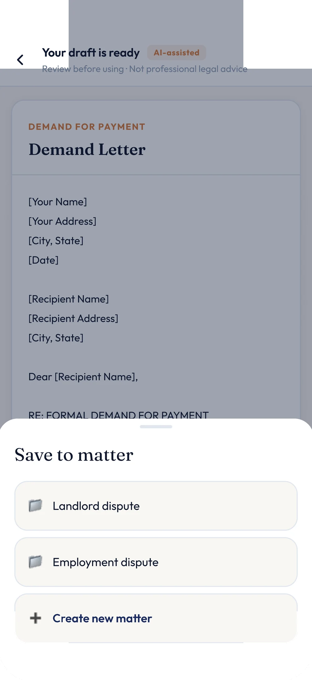 Legally "Save to matter" bottom sheet, offering Landlord dispute, Employment dispute or Create new matter.