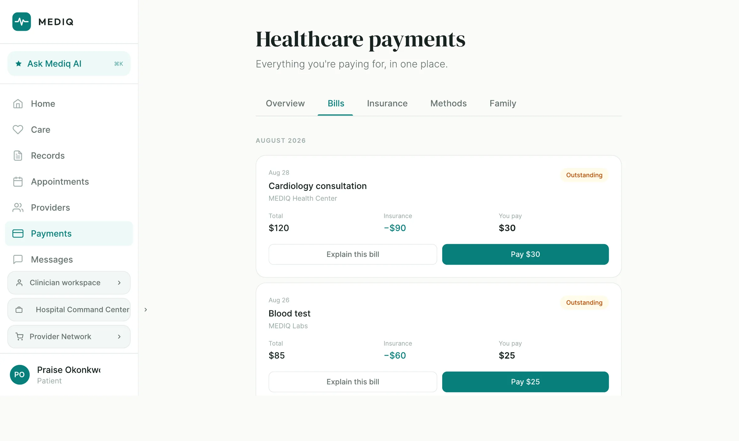 MEDIQ bills tab. Each bill shows the total, the insurance deduction and what the patient pays, with an "Explain this bill" button beside the pay button.