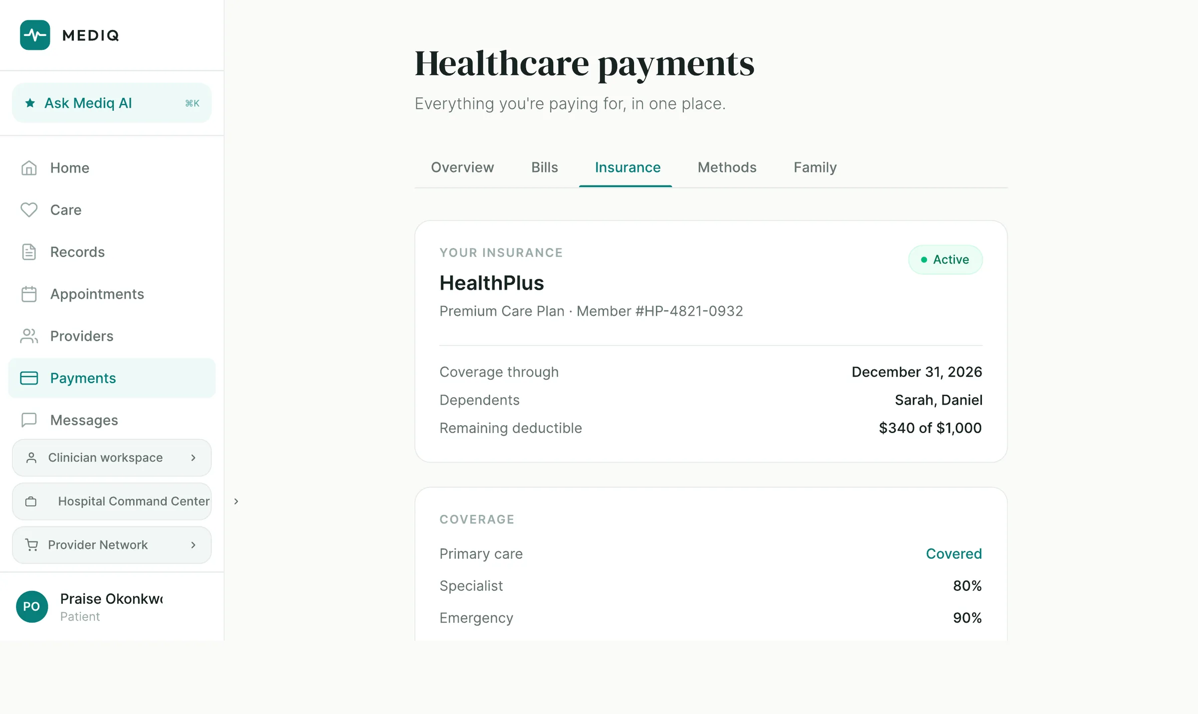 MEDIQ insurance tab. An active HealthPlus plan card lists coverage end date, dependants and remaining deductible, above a coverage breakdown by care type.