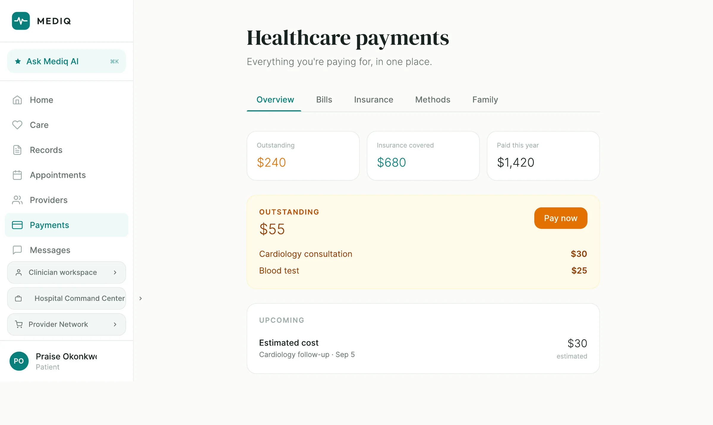 MEDIQ healthcare payments overview. Tiles show outstanding, insurance covered and paid this year, above an outstanding balance broken down by item with a Pay now button, and an upcoming estimated cost.