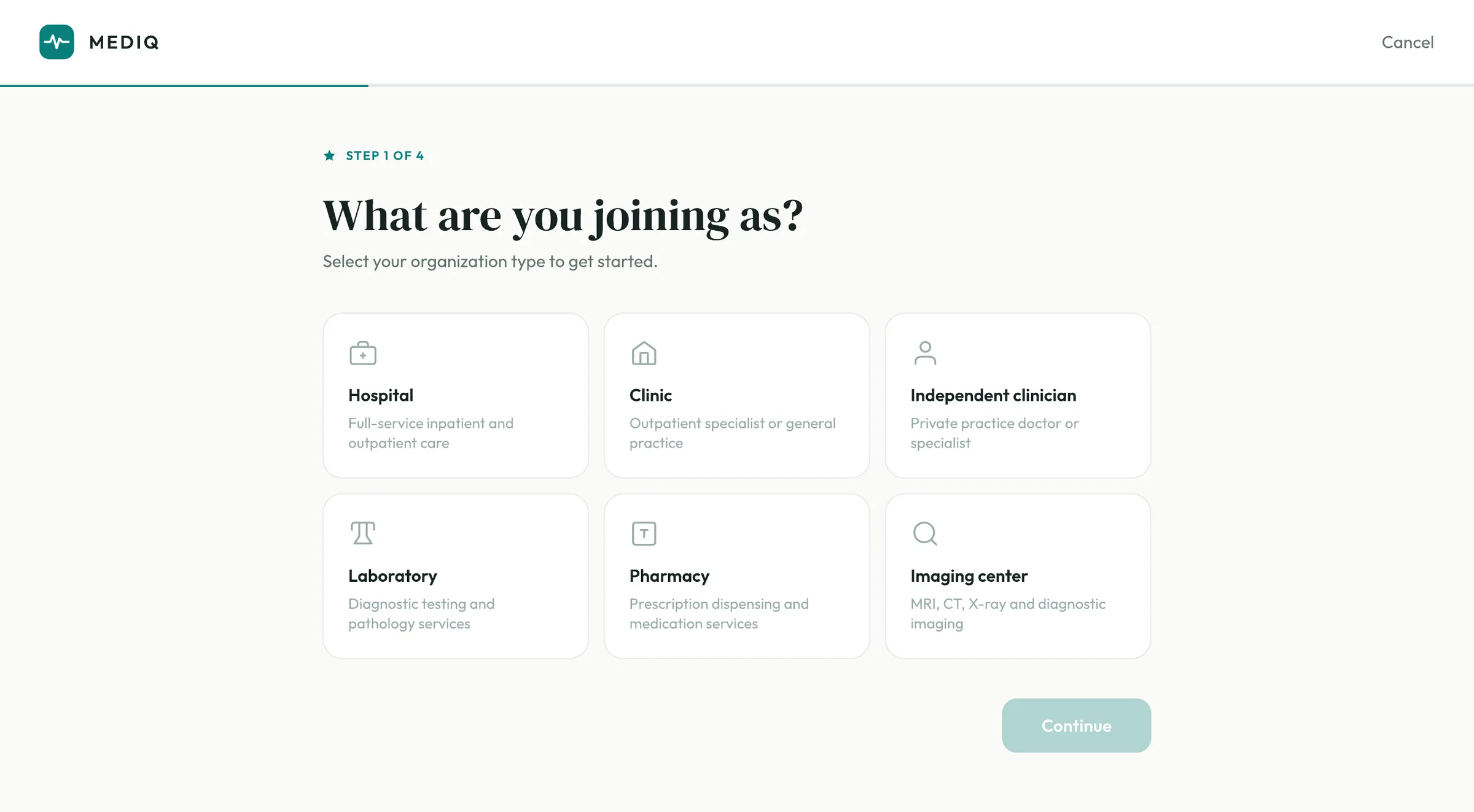 MEDIQ provider onboarding, step one of four. Six organisation types are offered as cards: hospital, clinic, independent clinician, laboratory, pharmacy and imaging centre.
