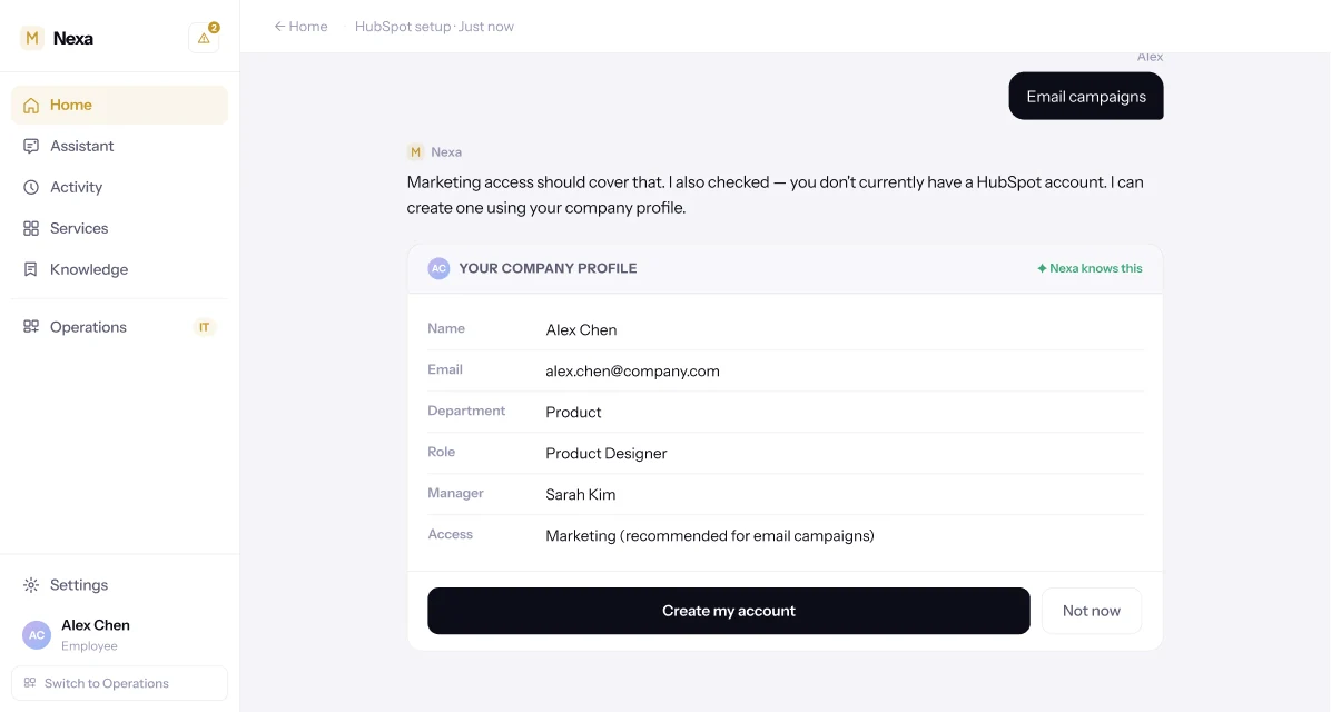 Nexa conversation. The employee typed "Email campaigns" in reply to what they'll use HubSpot for. Nexa responds that marketing access should cover that, notes no HubSpot account exists yet, and shows the employee's own company profile — name, email, department, role, manager, recommended access — with Create my account and Not now actions.