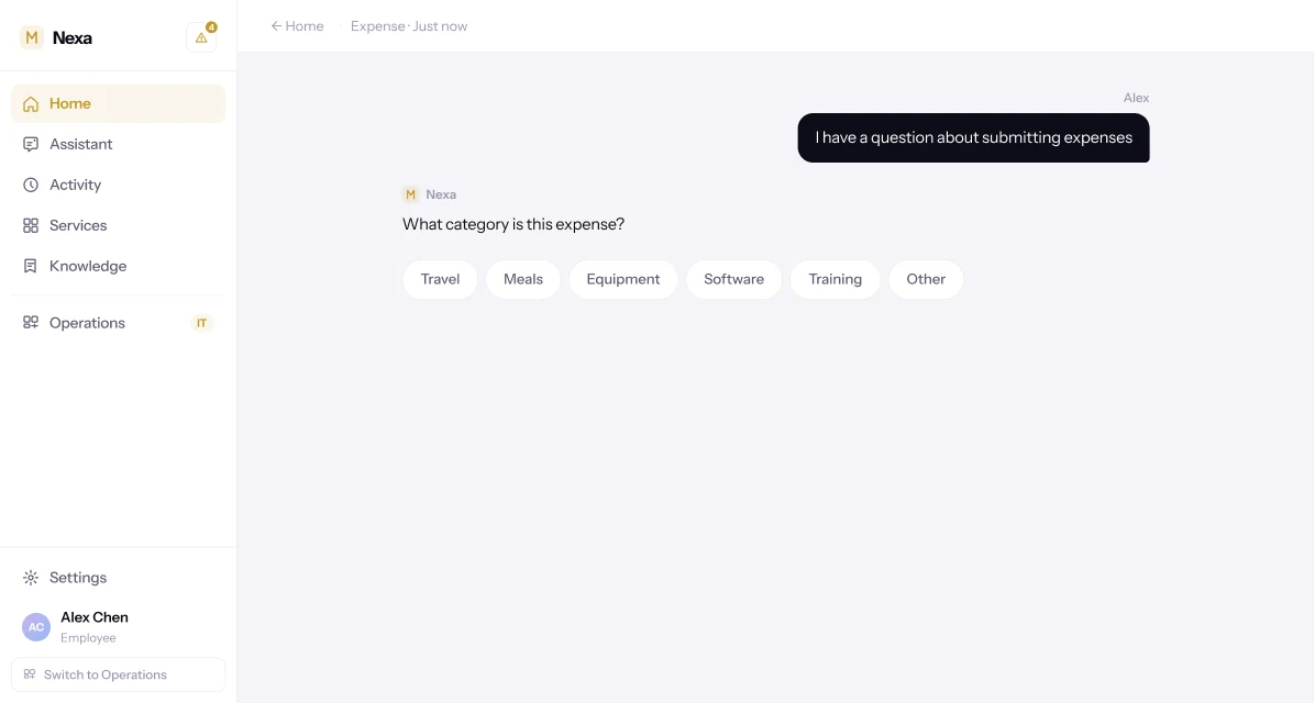 Nexa conversation. The employee typed "I have a question about submitting expenses." Nexa asks what category the expense is, with Travel, Meals, Equipment, Software, Training and Other as chips.