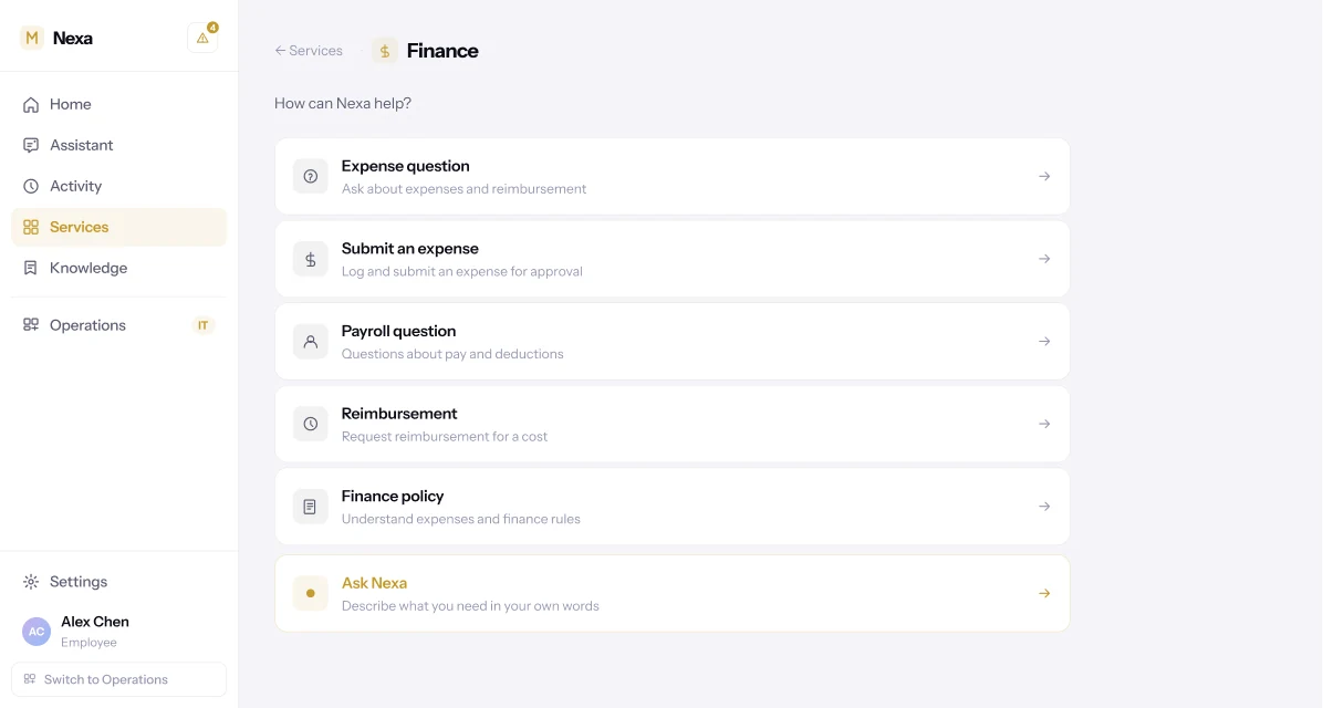Nexa Finance service area. "How can Nexa help?" above six options: Expense question, Submit an expense, Payroll question, Reimbursement, Finance policy, and Ask Nexa — describe what you need in your own words.